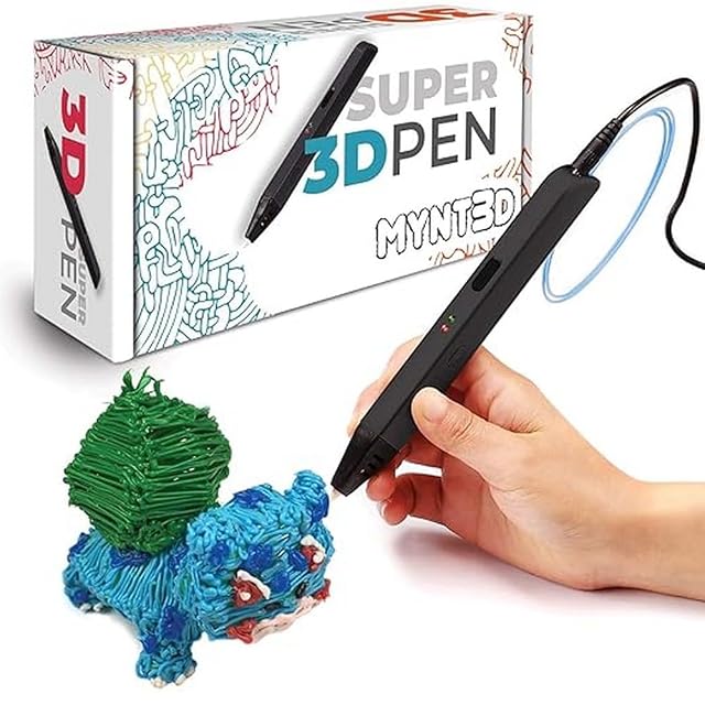 MYNT3D Super 3D Pen, penna nera sottile tenuta in mano accanto alla sua scatola