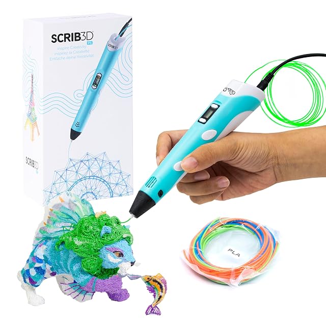 Penna per stampa 3D SCRIB3D P1 con un piccolo display e una bobina di filamento PLA