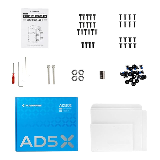 Parti del kit box Flashforge AD5X: pannelli, viti, attrezzi e guida di montaggio