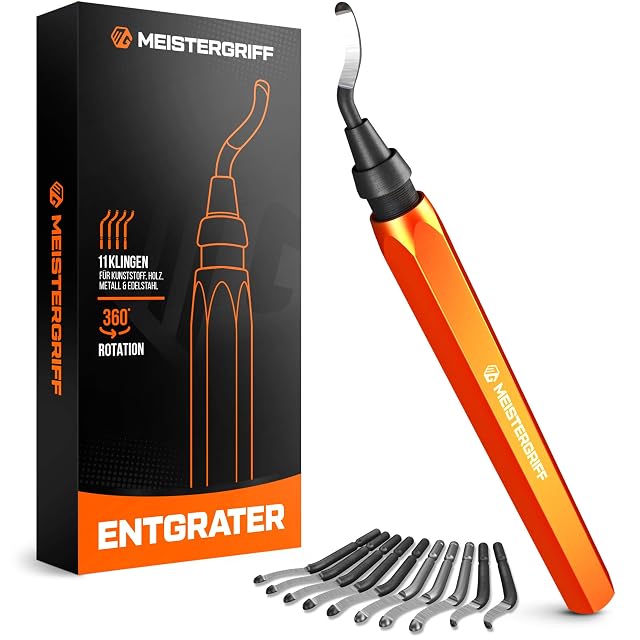 Sbavatore arancione MEISTERGRIFF con lama montata, dieci lame di ricambio e la sua scatola nera con la scritta Entgrater