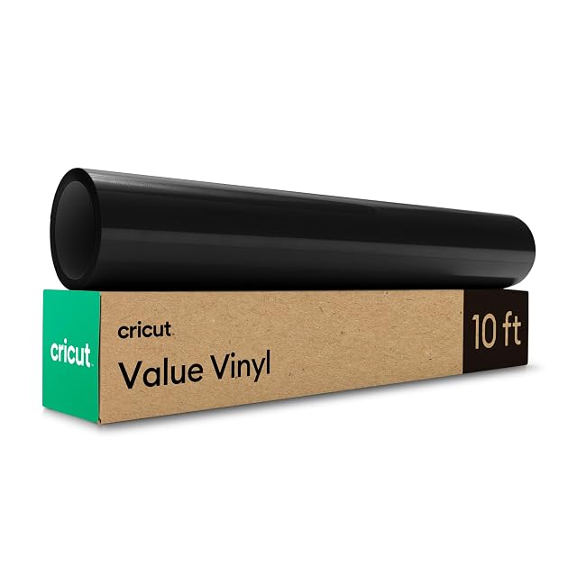Rotolo nero su una scatola Cricut in cartone kraft con la scritta Value Vinyl, 10 ft