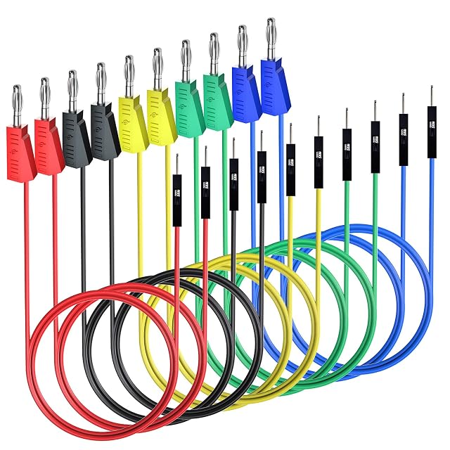 Dieci cavetti in silicone in coppie rosse, nere, gialle, verdi e blu, spine a banana impilabili a un’estremità e pin all’altra