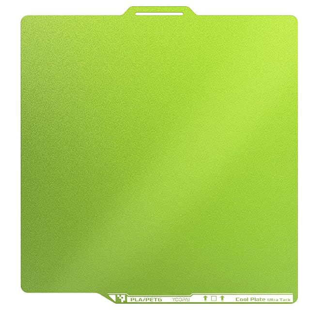 Piano verde YOOPAI con le scritte PLA/PETG e Cool Plate Ultra Tack lungo il bordo anteriore