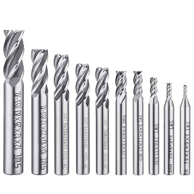 Dieci frese a candela a 4 taglienti in acciaio lucido da 2 a 12 mm, gambi punzonati SWT con le misure e HSS-AL