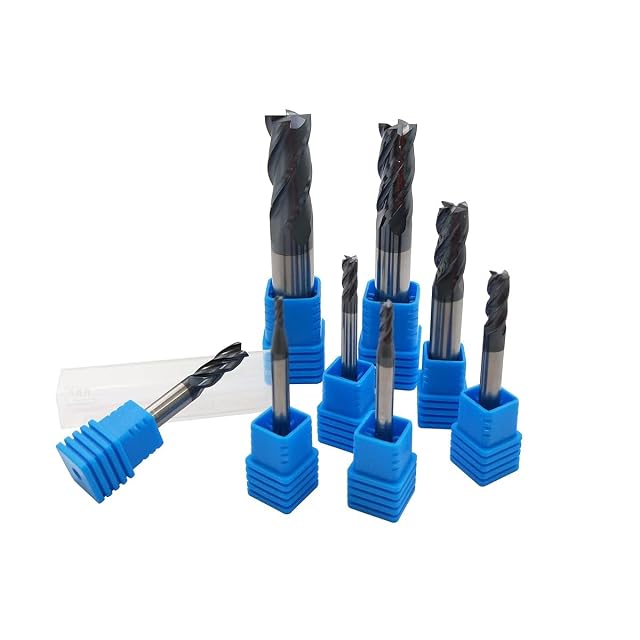 Otto frese a candela a 4 taglienti con rivestimento scuro in cappucci di plastica blu, una in un tubetto trasparente
