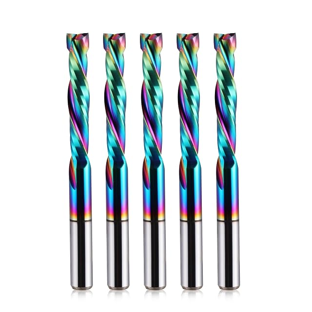 Cinque frese elicoidali a 2 taglienti con rivestimento iridescente arcobaleno e gambi argentati lisci