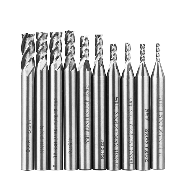 Dieci frese a candela a 4 taglienti in acciaio lucido da 1,5 a 6 mm, gambi punzonati SWT con le misure e HSS