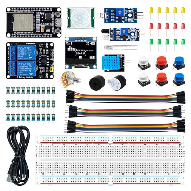 Parti del kit di avvio base LAFVIN ESP32 con scheda, breadboard e moduli