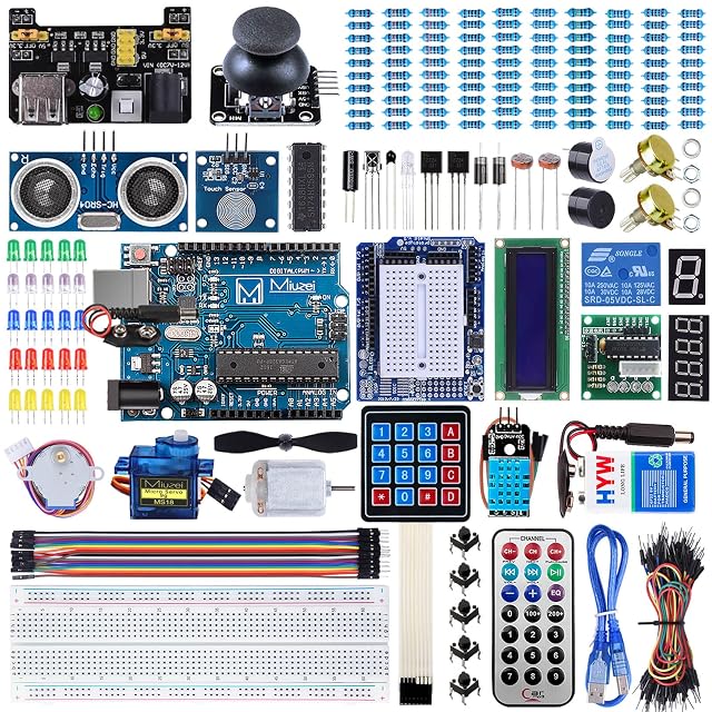 Parti del kit di avvio Miuzei MA13 con scheda in stile UNO, breadboard e moduli