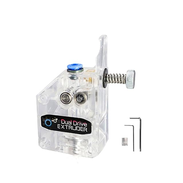 Estrusore trasparente con la scritta Dual Drive Extruder, due ingranaggi visibili all’interno, con vite di tensione, molla e due chiavi esagonali