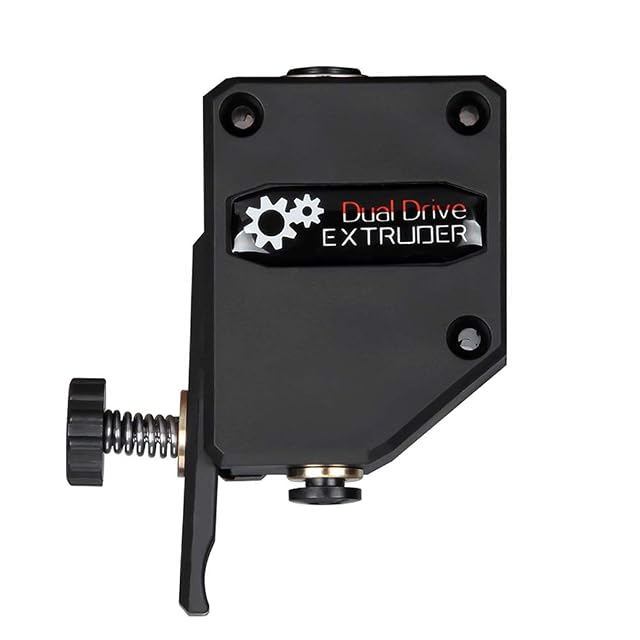 Estrusore nero con la scritta Dual Drive Extruder, con una manopola di tensione zigrinata su una molla