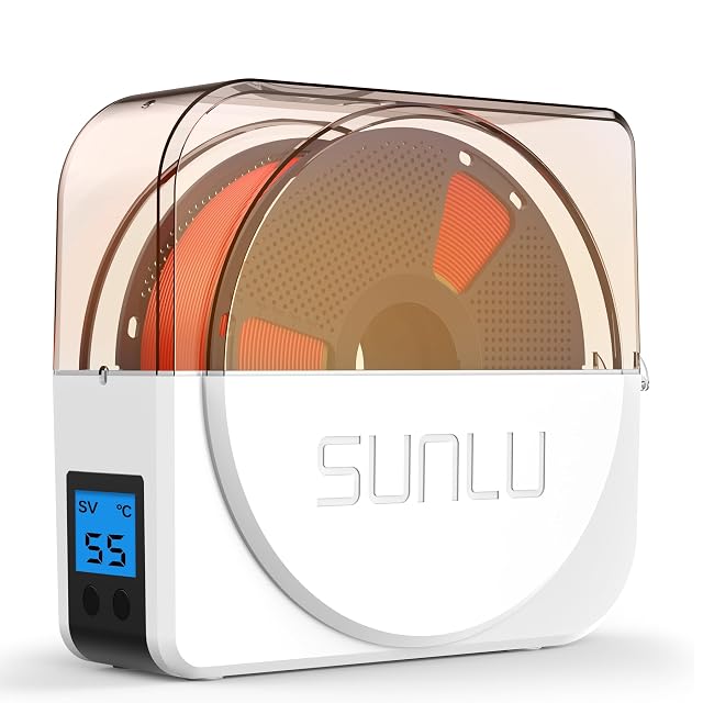 Scatola essiccatrice per filamento SUNLU S1 Plus con una bobina all’interno e un piccolo schermo LCD