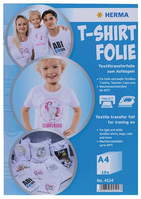 Confezione HERMA T-Shirt Folie, A4 10 fogli, n. 4524, con le diciture stampa a getto d’inchiostro e lavabile in lavatrice fino a 40 °C