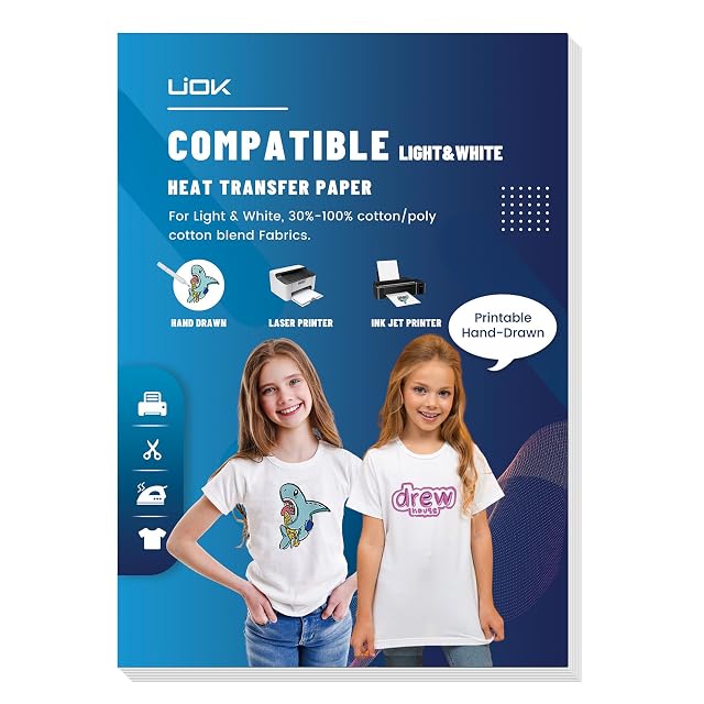 Confezione di carta transfer UIOK per tessuti chiari e bianchi con 30–100 % di cotone, con icone di disegno a mano, laser e getto d’inchiostro