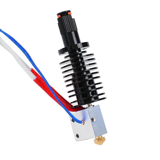 Hotend nero alettato con blocco riscaldante argentato, ugello in ottone, fili del riscaldatore con guaina rossa e cavo del termistore intrecciato blu