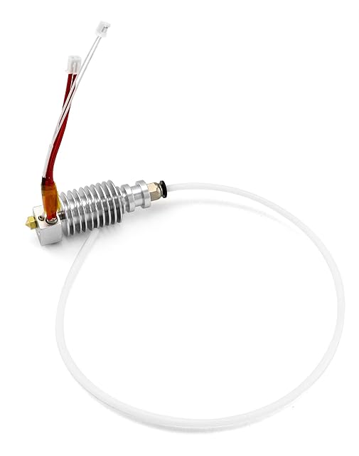 Hotend QWORK con dissipatore argentato alettato, ugello in ottone, due cavi con connettore e un lungo tubo in PTFE bianco