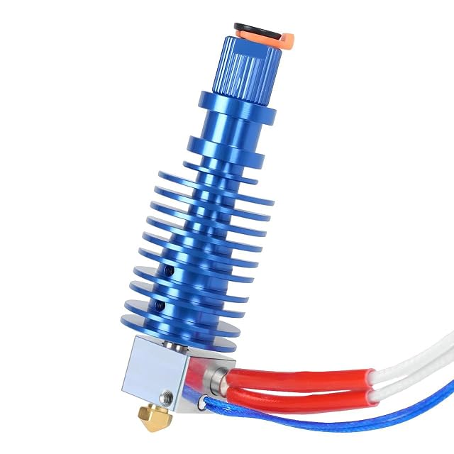 Hotend blu alettato con blocco riscaldante argentato, ugello in ottone, fili del riscaldatore con guaina rossa e cavo del termistore intrecciato blu