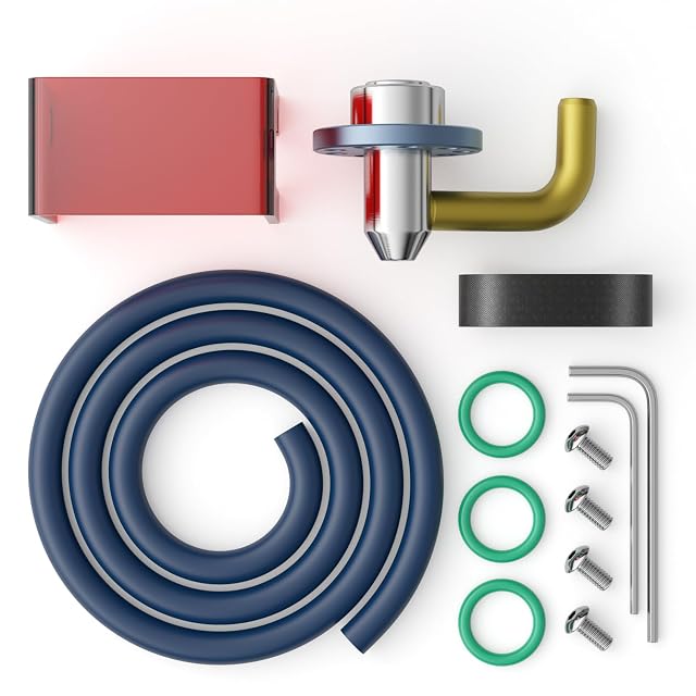 Ugello SCULPFUN con gomito in ottone, schermo in acrilico rosso, tubo dell’aria blu, tre O-ring verdi, viti, chiavi esagonali e una fascia nera