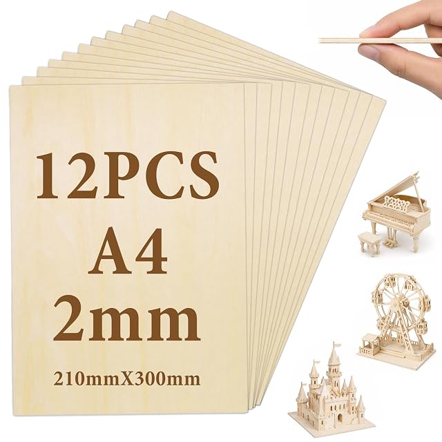 Pannelli di compensato a ventaglio con la scritta 12PCS A4 2mm 210mm × 300mm, con piccoli kit di modellini in legno