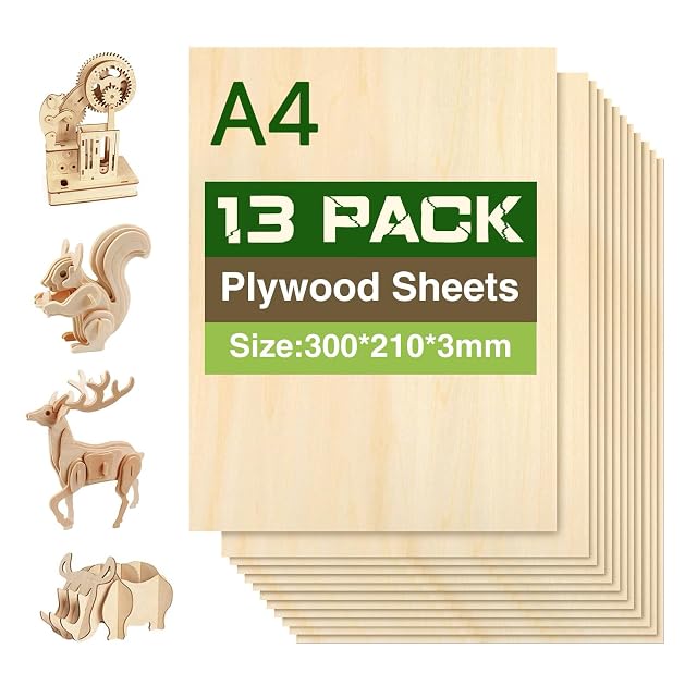 Pila di pannelli di compensato con etichetta A4 13 PACK, 300 × 210 × 3 mm, con modellini di animali in legno