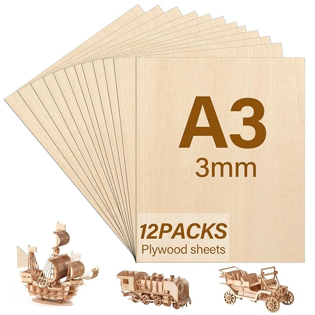 Pannelli di compensato a ventaglio con la scritta A3 3mm 12PACKS, con una nave, un treno e un’auto in legno