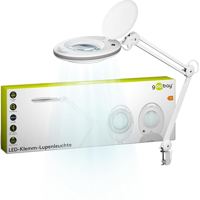 Lampada con lente d’ingrandimento goobay bianca con lente rotonda e braccio a doppio snodo