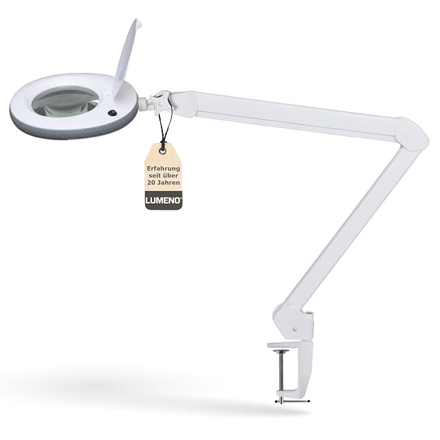 Lampada con lente d’ingrandimento Lumeno 7215GR bianca con bordo in gomma grigia e braccio snodato