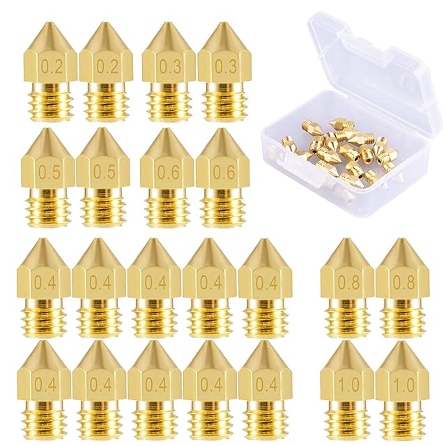 Ventidue ugelli MK8 in ottone SIQUK incisi da 0.2 a 1.0, accanto a una piccola scatola trasparente