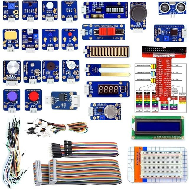 Moduli Adeept disposti — pulsanti, buzzer, LED, joystick, sensori a ultrasuoni, di gas e di umidità del terreno — con un LCD, una scheda di espansione GPIO, cavo piatto, breadboard e ponticelli