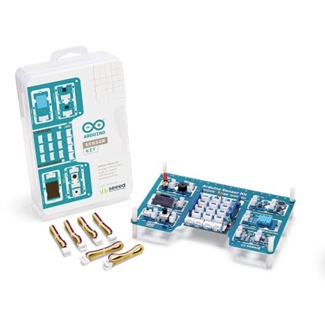 Scatola dell’Arduino Sensor Kit con un logo Seeed, una scheda base con moduli e un display, e sei cavi a quattro pin