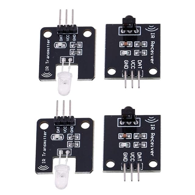 Due schede IR Transmitter con LED trasparenti e due schede IR Receiver, ciascuna marcata DAT, VCC e GND