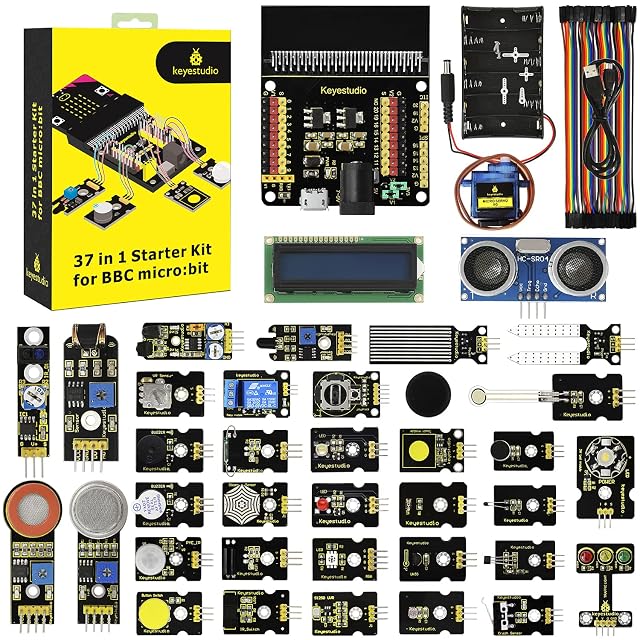 Scatola del kit KEYESTUDIO 37 in 1, shield micro:bit, portabatterie, microservo, ponticelli, cavo USB, LCD, sensore a ultrasuoni e file di moduli