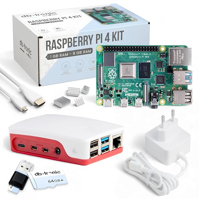 Kit di avvio Raspberry Pi 4 db-tronic con case rosso e bianco, alimentatore e cavi