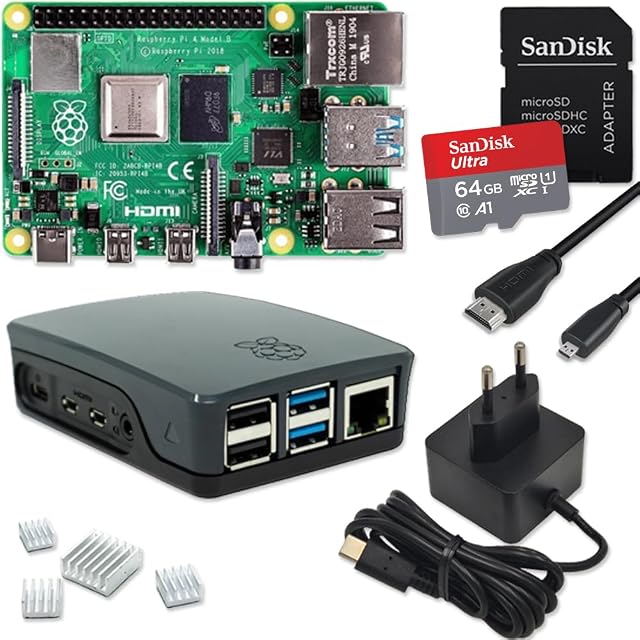 Kit di avvio Raspberry Pi 4 con case nero, alimentatore, scheda di memoria e cavi