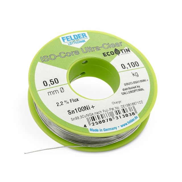 Bobina FELDER ISO-Core Ultra-Clear, 0,50 mm, 0,100 kg, flussante 2,2 %, Sn100Ni+, distribuita da GALLUNOPTIMAL