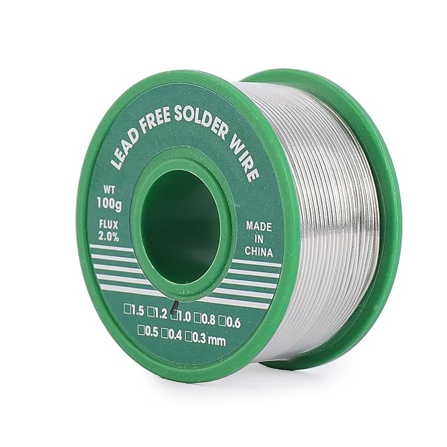 Bobina verde senza marca con etichetta filo per saldatura senza piombo, WT 100 g, flussante 2,0 %, 1,0 mm spuntato
