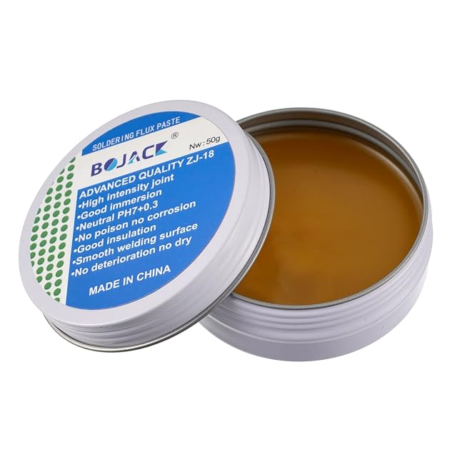 Barattolo BOJACK aperto con pasta ambrata ed etichetta Soldering Flux Paste, Advanced Quality ZJ-18, Nw 50 g