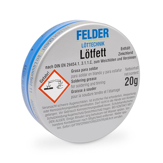 Latta FELDER Lötfett da 20 g con pittogramma di pericolo corrosivo, la parola Gefahr e una riga sul contenuto di cloruro di zinco