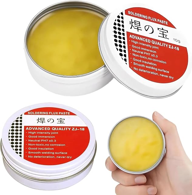 Due latte da 10 g di pasta gialla con etichetta Soldering Flux Paste, Advanced Quality ZJ-18, pH neutro 7 ± 0,3