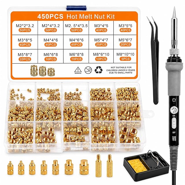 Scatola di inserti in ottone con etichetta 450PCS Hot Melt Nut Kit e tabella delle misure, sette punte in ottone, due adattatori, pinzette, un saldatore da 60 W e un supporto con spugna