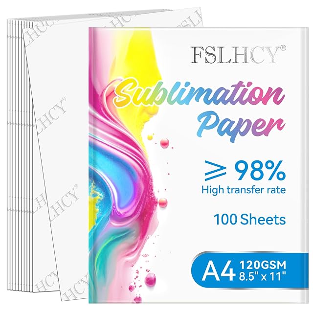 Confezione di carta per sublimazione FSLHCY con la scritta tasso di trasferimento ≥98 %, 100 fogli, A4 120GSM e 8.5 × 11 in, fogli con logo sul retro