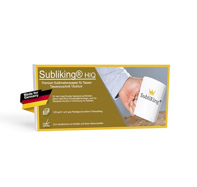 Scatola Subliking HiQ di carta per sublimazione per tazze, 10 × 24 cm, con una tazza stampata SubliKing