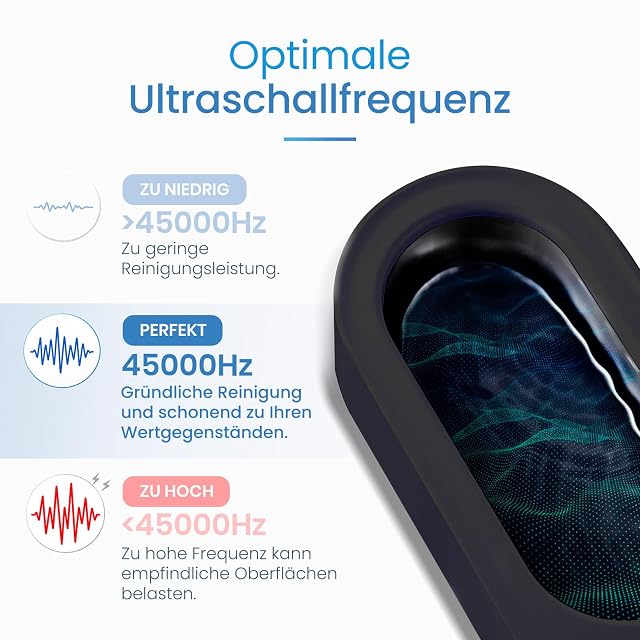 Primo piano della vasca del pulitore a ultrasuoni nero mfa accanto a un grafico della frequenza