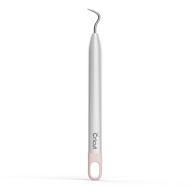Uncino per spellicolatura Cricut argentato con punta fine ricurva e anello rosa per appenderlo