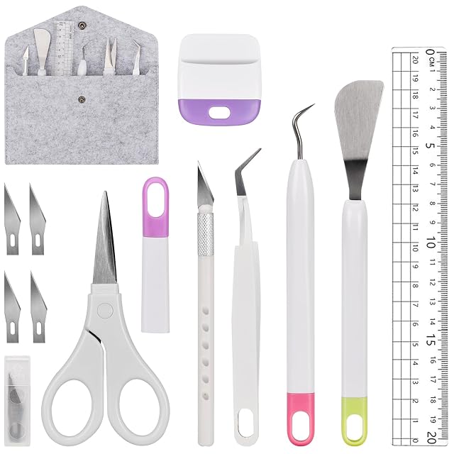 Set per spellicolatura disposto: custodia in feltro, raschietto, righello da 20 cm, forbici, taglierino con cappuccio e lame di ricambio, pinzetta, uncino e spatola